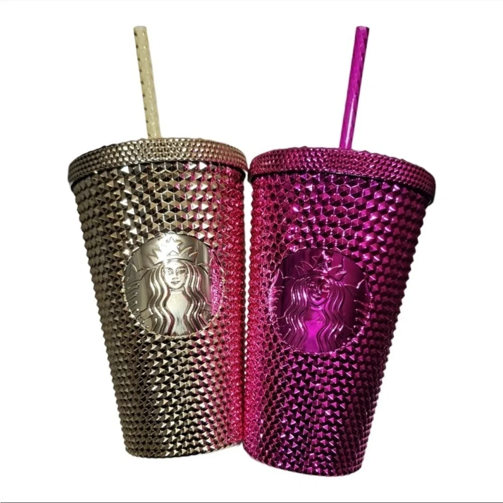 Starbucks Limited Edition Metallic Chrome Set 2 Tumblers Gold & Pink NEW
